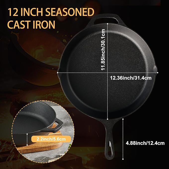 EWFEN Cast Iron Skillet 12 Inch, Pre-Seasoned Frying Pan, Heavy-Duty Professional Restaurant Chef Quality Cookware with Drip Spout, Indoor & Outdoor Use, Compatible with Oven, Stove, Grill & Campfire