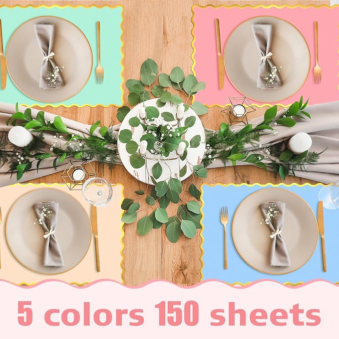 FoldTier 150 Pcs Disposable Paper Placemats Bulk 10"x14" Rectangle Place Mats with Scalloped Edges Dining Table Mat for Wedding Birthday Party Table Decoration(Multicolor)