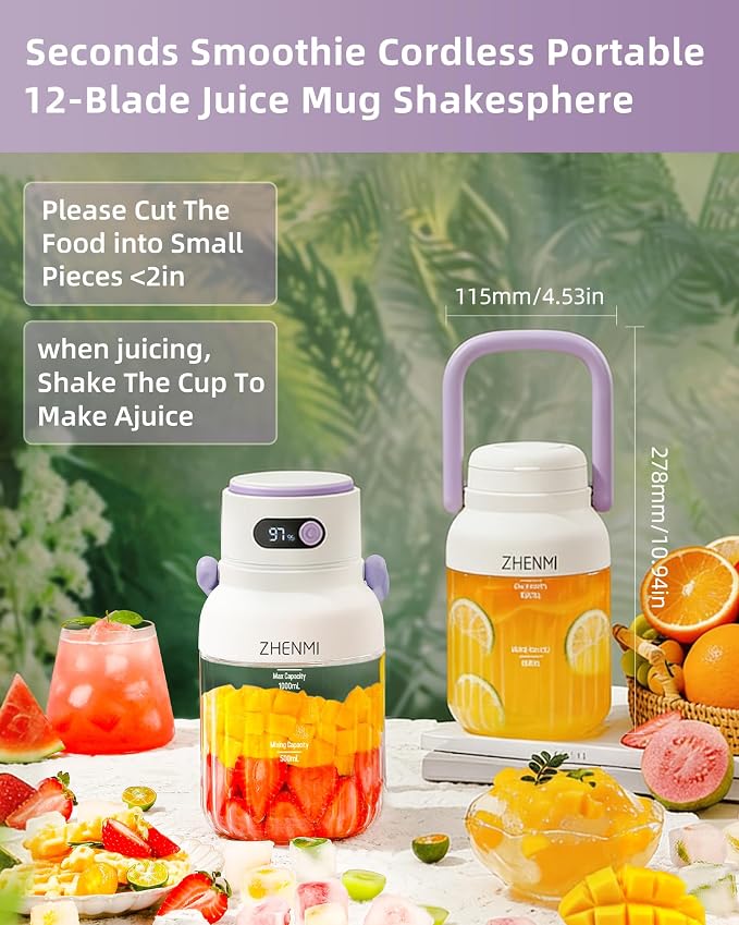 Portable Blender, Personal Smoothie & Shake Blender, 33oz BPA-Free Vessel, Leakproof Lid with Sip Spout, USB-C Rechargeable, Detachable & Easy-to-Clean, Purple