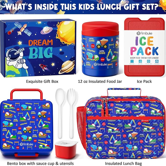 Fimibuke Kids Bento Snack Lunch Box with Thermo Insulated Toddler Lunch Bag | Lunch Box Kids with 4 Compartment, Food Jar, Ice Pack, Utensils, Birthday Gifts for Ages 3-12 Back to School Toddler Girl Boy