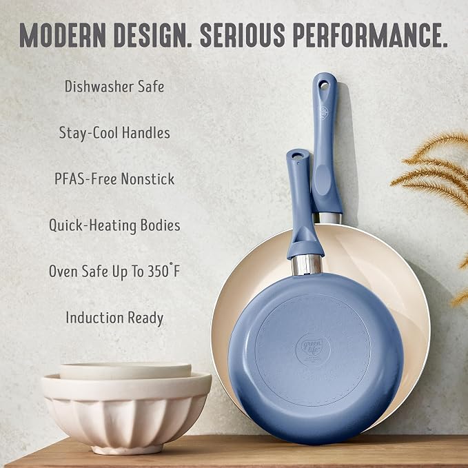 GreenLife 2 Piece (8" & 10") Ceramic Nonstick Skillet Set, Slate Blue | PFAS-Free Nonstick Coating, Frying Pans, Omelet Pans, Everyday Pan, Induction Ready, All Stovetop Compatible, Dishwasher Safe