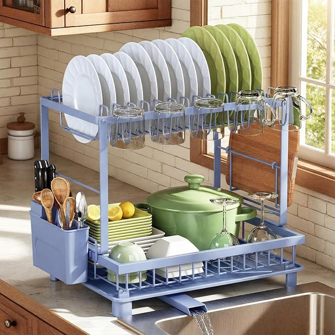 Dish Drying Rack 2-Tier Dish Racks with Drainboard, Rustproof, Space-Saving Dish Rack, Utensil & Cup Holder for Kitchen Counter, Blue