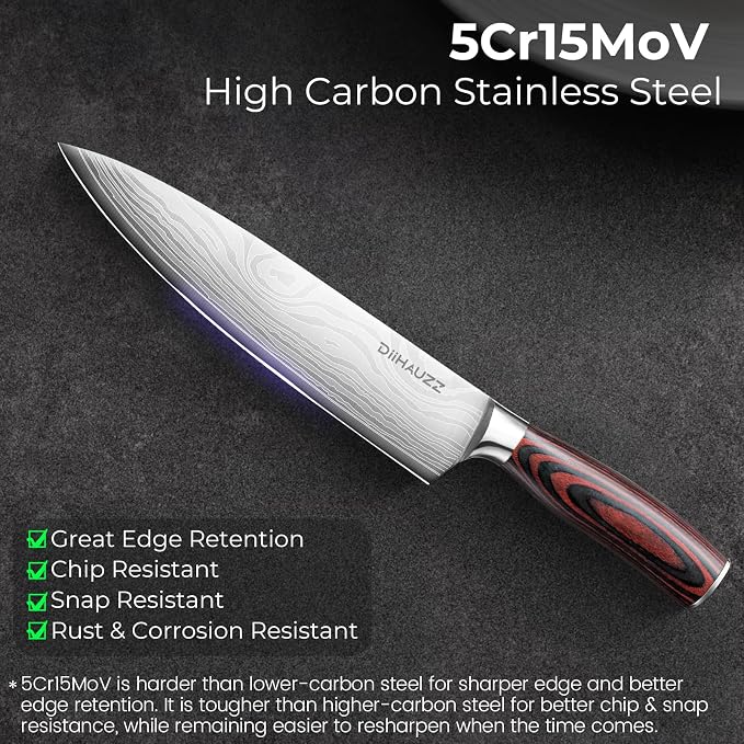 DiiHAUZZ 8 Inch Chef Knife, High Carbon Stainless Steel Kitchen Knife | Ultra Sharp 12-15° Edge, Ergonomic Handle, No Crack No Shrink Pakkawood, Great Edge Retention, 59HRC, Sheath & Gift Box