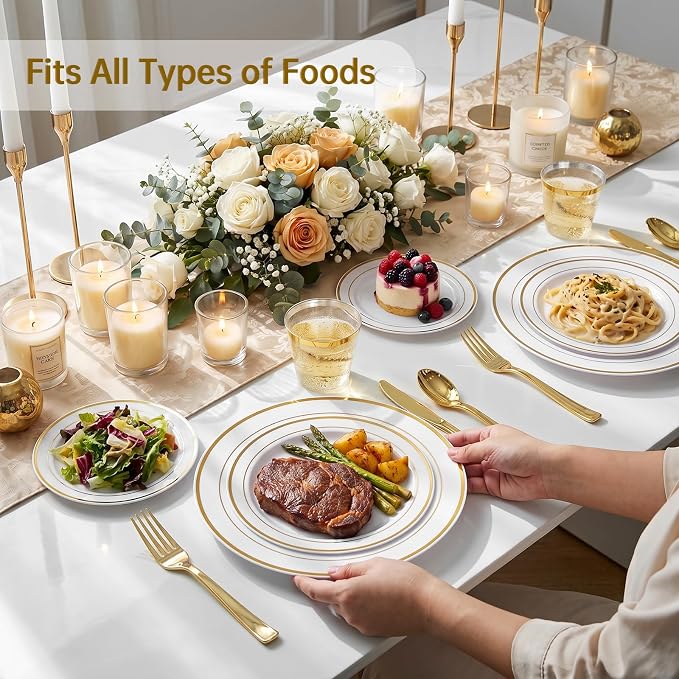 DaYammi 350PCS Gold Plastic Dinnerware Set for 50 Guests, Fancy Disposable Plates for Party, Include: 50 Dinner Plates, 50 Dessert Plates, 50 Pre Rolled Napkins with Gold Silverware, 50 Cups