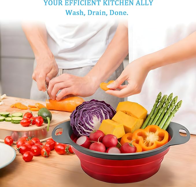 UVB Collapsible Colander Set, Foldable Kitchen Strainer for Pasta, Vegetables & Fruit, Complete Kitchen Set with 2 Stainless Steel Hooks & 2 Silicone Funnels – Red