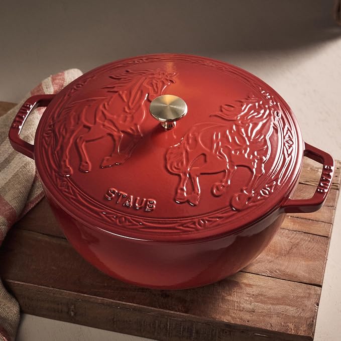 Staub Cast Iron Essential French Oven, Dutch Oven, 5-quart, serves 5-6, Made in France, with Horse Lid - Cherry
