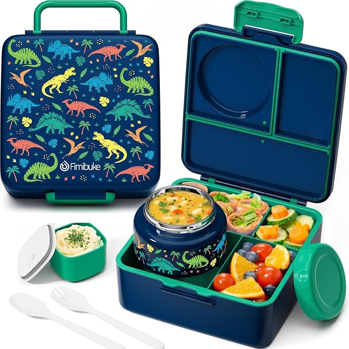 Fimibuke 60oz Leakproof Bento Lunch Box for Kids with 8.5oz Thermo Food Jar | 3-4 Compartment Toddler Lunch Box kids Food Container with Utensil Sauce Cup for School Boys Girls, Dishwasher Safe, BPA-Free