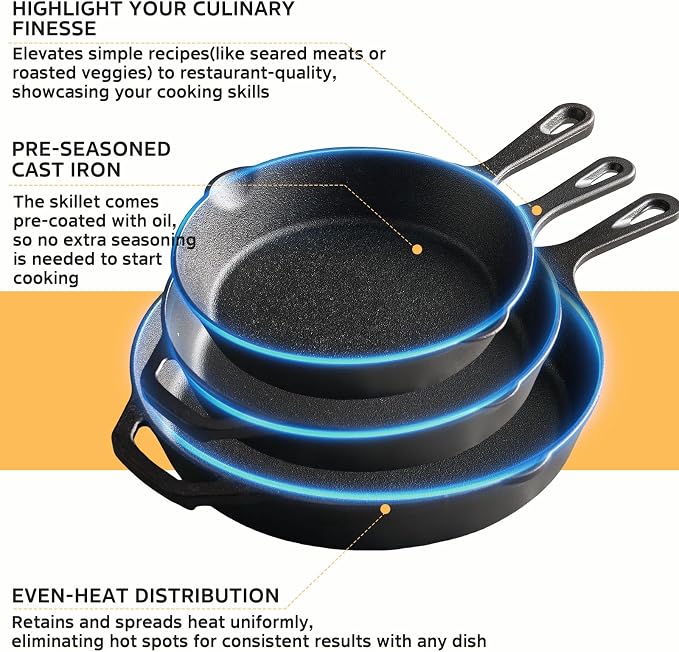 EWFEN Cast Iron Skillet 12 Inch, Pre-Seasoned Frying Pan, Heavy-Duty Professional Restaurant Chef Quality Cookware with Drip Spout, Indoor & Outdoor Use, Compatible with Oven, Stove, Grill & Campfire