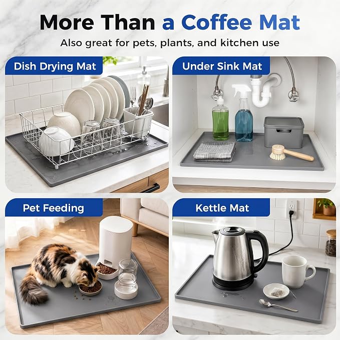 Golener Coffee Bar Mat, Silicone Coffee Mat with Raised Edges, 24"x16" | Coffee Mat for Countertop, Waterproof Coffee Station Mat, Dish Drying Mat Under Rack, Heat Resistant Coffee Machine Mat, Gray