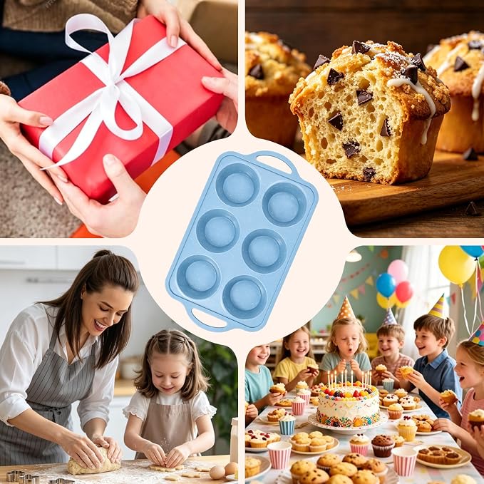 Jumbo Muffin Pan, Metal Reinforced Frame 3.5inch Jumbo Silicone Muffin Pan | 2 Pack, with Handle, BPA Free, Nonstick, Oven Dishwasher Safe, Food-Grade Silicone, Heat-resistant: -104°F to 446°F, 6-Cup