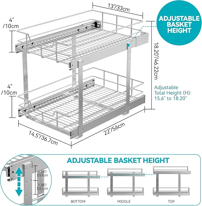 2 Tier Pull Out Cabinet Organizer 15" W X 22" D, Chromed, Full Slide Out | For Kitchen Organizers and Storage, Pull Out Drawers For Cabinets Capacity Heavy Duty Caddy, Cabinet Shelves, Bathroom Pantry