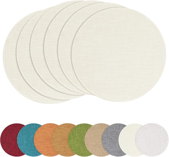 Cotton Linen 15 Inch Round Cloth Place mats, Set of 6, Cream | Washable Table Mats, Heat Resistant, Reversible, Wipeable Place Mats for Indoor Outdoor