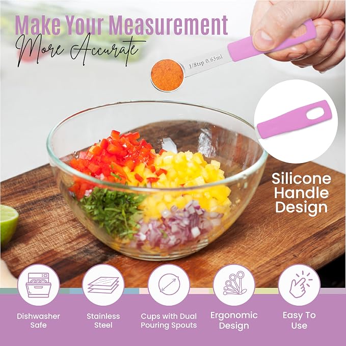 Nextop 14-Piece Stainless Steel Measuring Cups and Measuring Spoons Set with All Stackable Sizes and Leveler for Dry Ingredients, Complete Set for Kitchen & Baking Measuring Tools (Purple Set)