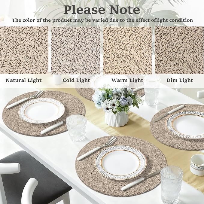 Round Placemats Set of 6, Cotton Rope Woven Table Mats, Hot Pads for Kitchen, Non Slip Heat Resistant Place Mats, 13 Inches Braided Placemat for Farmhouse Decor and Kitchen Table Decor (Brown)