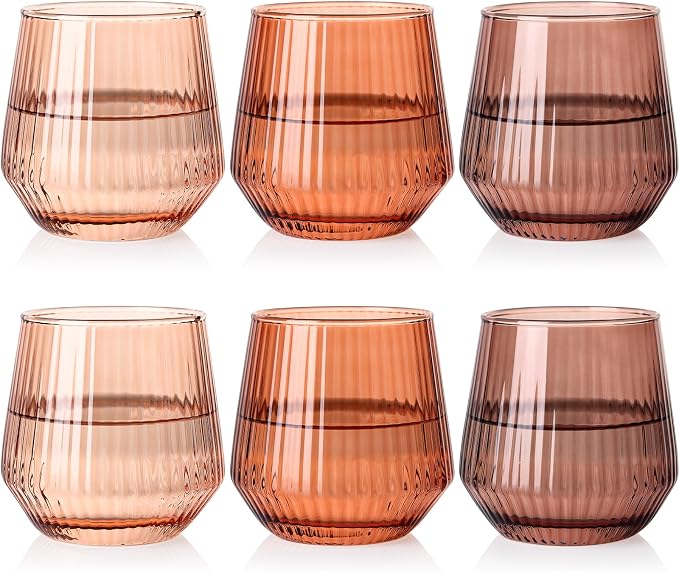 Brown Stemless Wine Glasses Set of 6, 12.5 Oz Lead-Free Ribbed Drinking Glass Cup for Wine, Cocktails, Champagne and Whiskey, Ideal Gifts for Weddings, Bars, Christmas, Halloween,Party, Daily Use