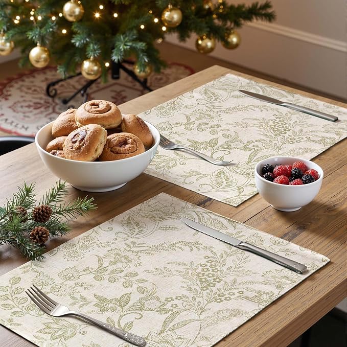 jinchan Linen Floral Placemats Set of 4 Farmhouse 13x19 Inch Green | Fabric Placemats, Cottage Style, Vintage Botanical Pattern, Machine Washable, Easy to Store, Reusable