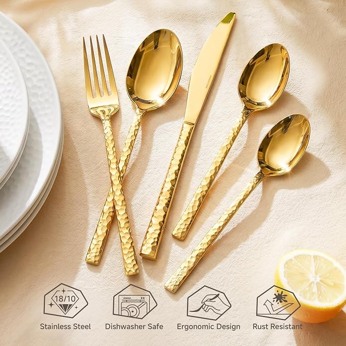 20 Piece Gold Silverware Set, 18/10 Stainless Steel Hammered Flatware for 4 | KINGSTONE Flatware set Includes Fork Spoon Knives, Cutlery Utensil Set for Party,Wedding, Mirror Polished Dishwasher Safe