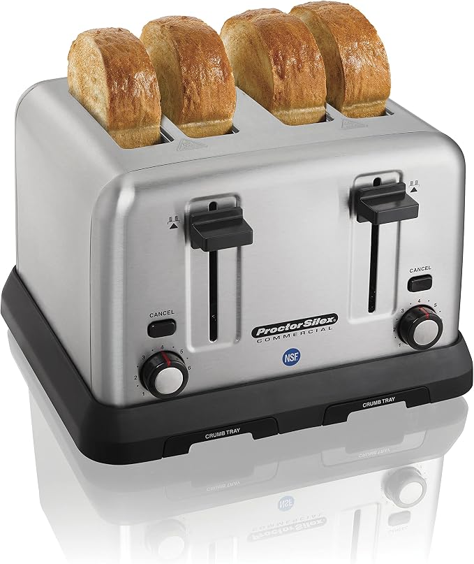 Proctor Silex Commercial 4 Slot Toaster with Crumb Tray, Longer-Life Heating Elements, Stainless-Steel Construction, NSF Certified, 24855