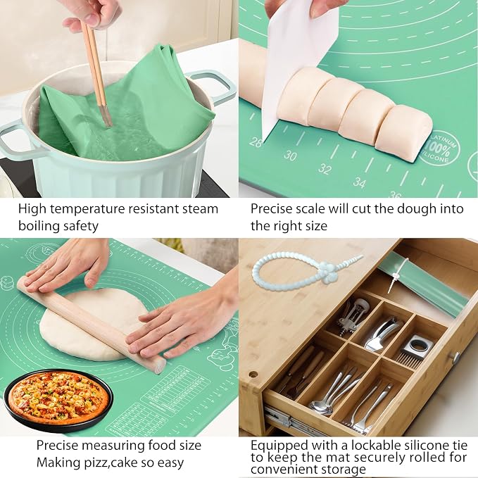 Silicone Pastry Mat 32" x 24" Extra Thick Non Stick Baking Mat with Measurements and Edge Heightening, Food Grade Silicone Rolling Mat for Pastry, Bread, Cookies, Pizza, Fondant, Pasta