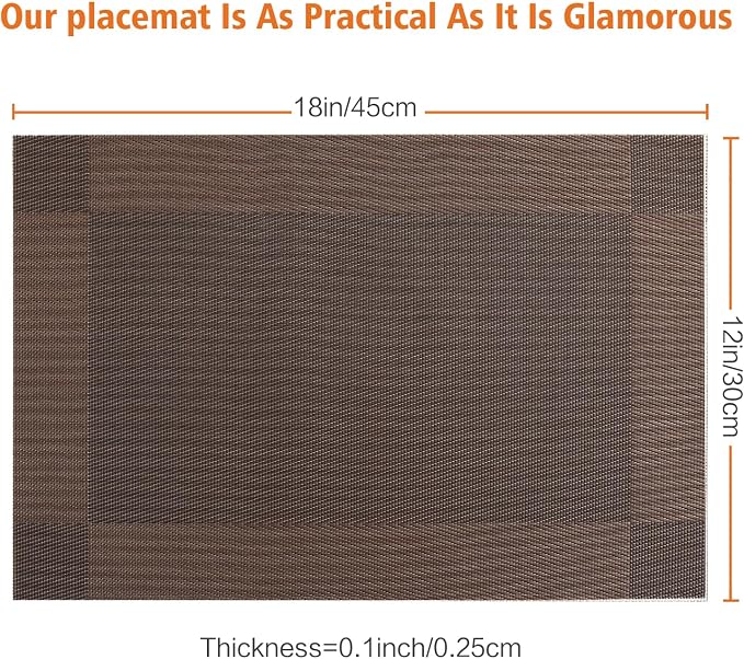 Brown Vinyl Placemats Set of 6,Washable Dining PVC Table Mats | Heat resistant, stain resistant non slip vinyl place mats, washable brown table placemats for dining table