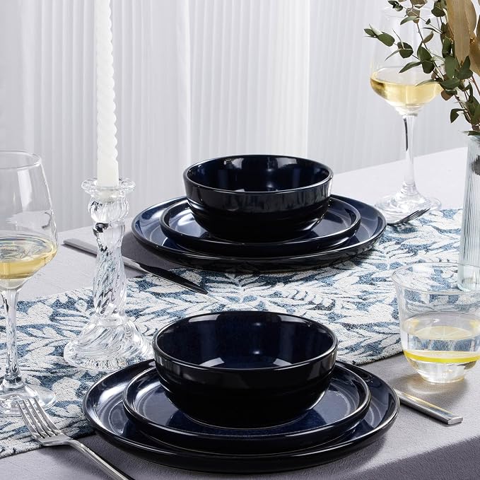 LIANYU Ceramic Plates and Bowls for 4, 12 Piece Dishes Sets, Midnight Blue | Modern Porcelain Dinnerware Set, Chip and Scratch Resistant Dishware Set, Dishwasher & Microwave Safe Stoneware Set