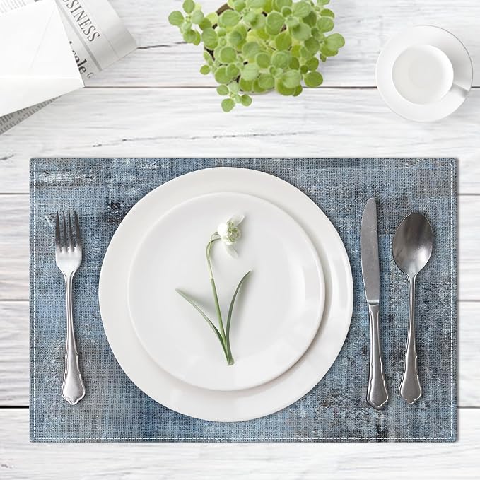 Emvency Farmhouse Placemats Set of 4, 12x18 Inch, Denim Blue | Modern Abstract Art Painting Table Mats for Outdoor Home Party Kitchen Dining Decoration