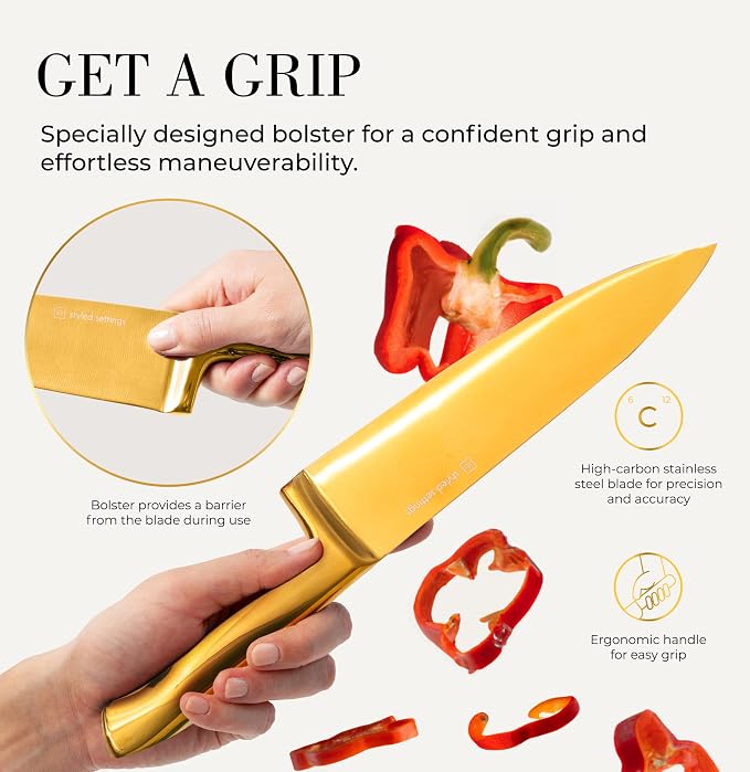 Styled Settings Gold Knife Set with Block and Built-In Sharpener, 14-Piece | Full Tang Titanium-Coated Stainless Steel Gold Kitchen Knife Set with Self-Sharpening Block, Gold Kitchen Accessories