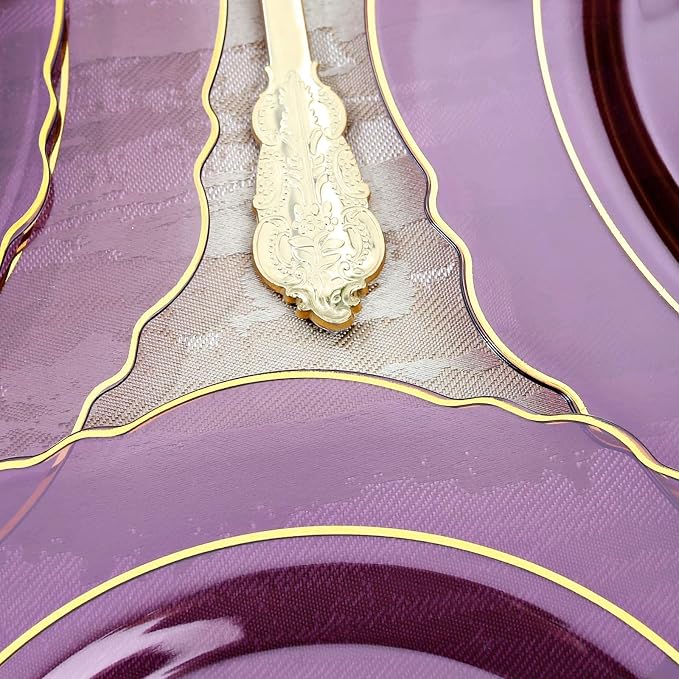 KIRE 210Pcs Purple Plastic Plates with Gold Rim& Silverware &Cups&Hand Napkin - Baroque Clear Plastic Dinnerware for Upscale Wedding/Parties Plates | Include 60pcs Clear Purple and Gold Plates, 30pcs Plastic Silverware, 30pcs Napkins and 30pcs Cups Ser...