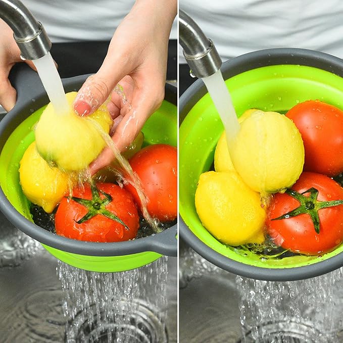 Collapsible Colander Set of 2, Space Saving Foldable Kitchen Strainer Baskets with Non-Slip Base, Thickened PP+TPE Collapsible Strainers for Pasta, Vegetables, Fruits, Rice (Green)