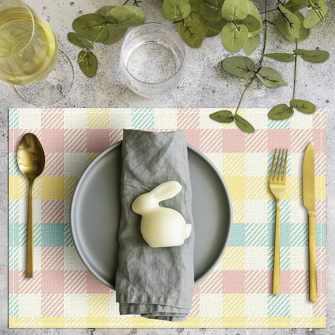 Buffalo Plaid Blue Pink Yellow Spring Easter Placemats Set of 6, 12x18 Inch Table Mats Easter Decor for Holiday Party Kitchen Dining Room Decoration