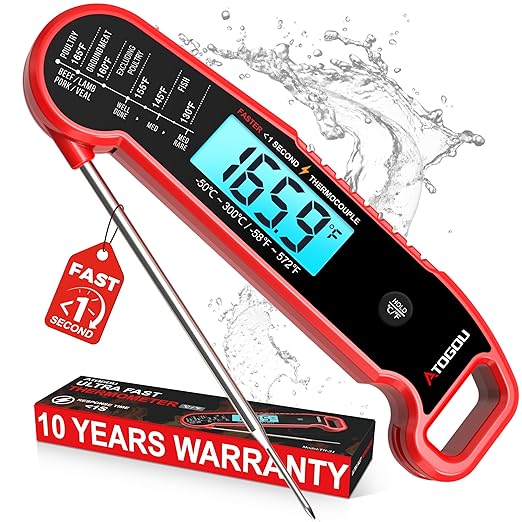 Atogou Professional Meat Thermometer Digital, <1 Sec Instant Read, Red | ±0.5℉Accuracy, IP67 Waterproof, Thermocouple Sensor Probe, with Hold, Magnetic Back, for Kithchen, BBQ, Grill for Men Him Dad