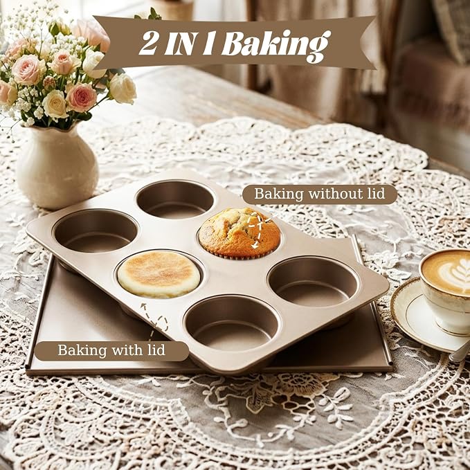 6 Cup Straight Side Jumbo English Muffin Cupcake Pan with Lid, 2 Set Nonstick Hamburger Bun Pan, Nonstick Baking Tin Tray Mold for Baking Burger Buns Roll Focaccia Quiche Pancake,Gold