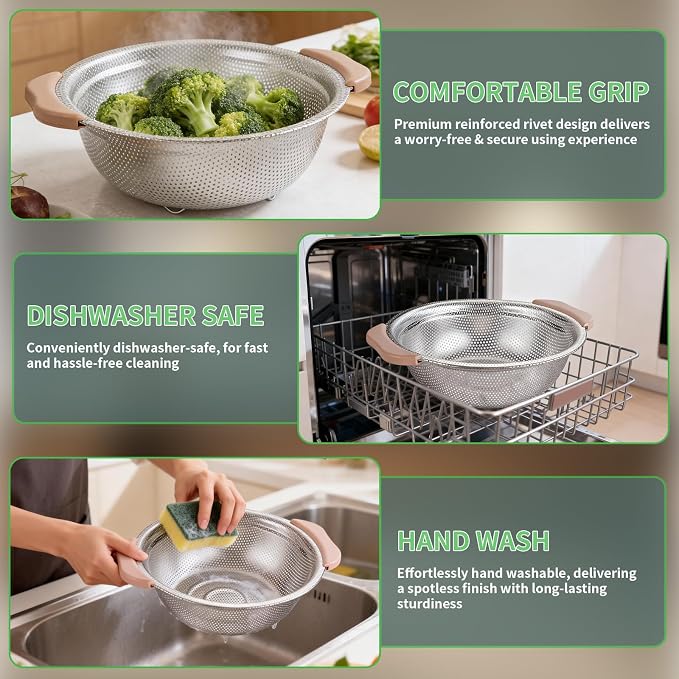 Colander Set with Plastic Handles, Stainless Steel Micro-Perforated Colanders Strainers for Draining Rinsing Washing, Ideal for Pasta Vegetables Fruits, Heavy Duty & Dishwasher Safe