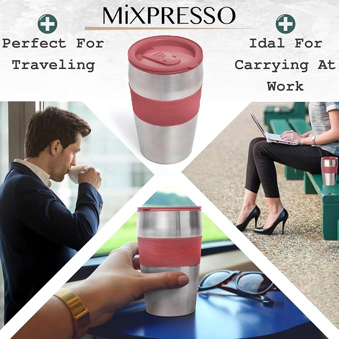 Mixpresso Single Serve & Single Cup Coffee Maker with 14oz Travel Mug Red | For ground coffee only, reusable filter, auto shut off. Compact personal drip coffee maker, not compatible with K-Cup pods.