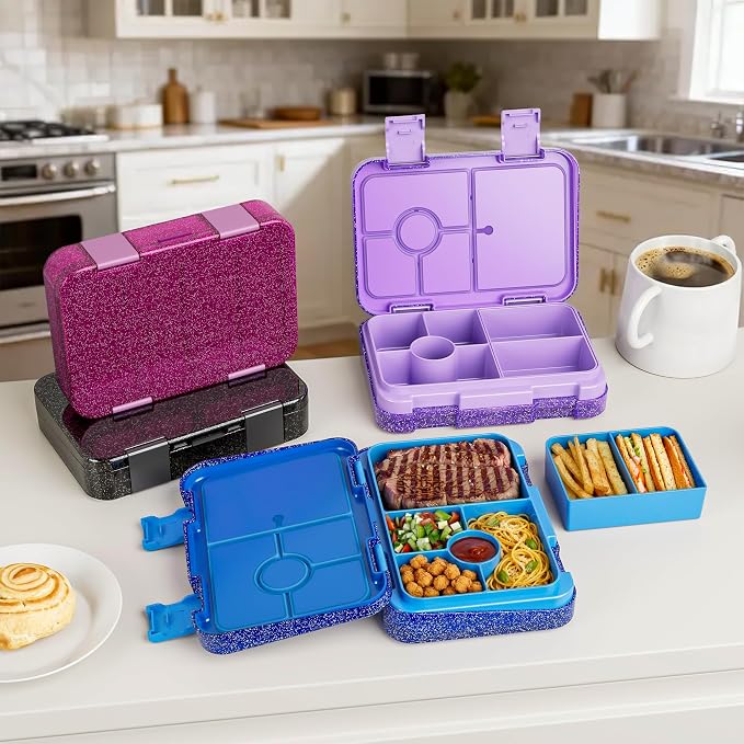 Bento Lunch Box for Kids, 5/6 Compartments, Shiny Rose | 5/6 Compartments, 3 Cups BPA Free, Dishwasher Safe, for Kids, Back to School, On-the-Go Meal, Ages 3+, School