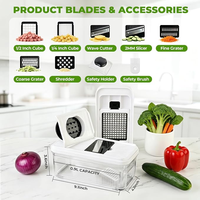 SUSTEAS Vegetable Chopper with Pull-Out Container, 7-Blade Mandolin Slicer | Pull, Empty & Keep Chopping; Easy-Detach, Dishwasher-Safe Blades; 7 Blades for Every Cutting Need; Less Cleanup. More Cooking