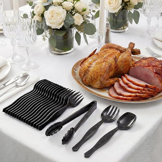 36 Pcs Disposable Plastic Serving Utensils Set, 9 Inch Black | Tongs, Forks & Spoons For Buffet, Catering, Restaurants, BBQs, Picnics, Weddings And Party Food Stations