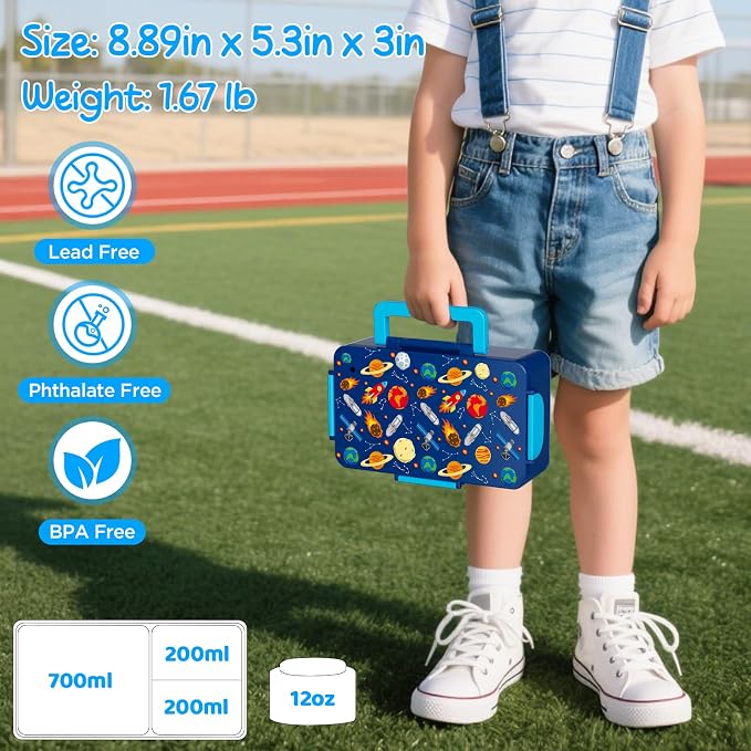 SHPMXUPW Kids Bento Lunch Box – 12 oz Stainless‑Steel & 3‑Compartment Leak‑Proof Food Container with Built‑In Ice Pack, Insulated Food Jar for Boys & Girls, School & Travel
