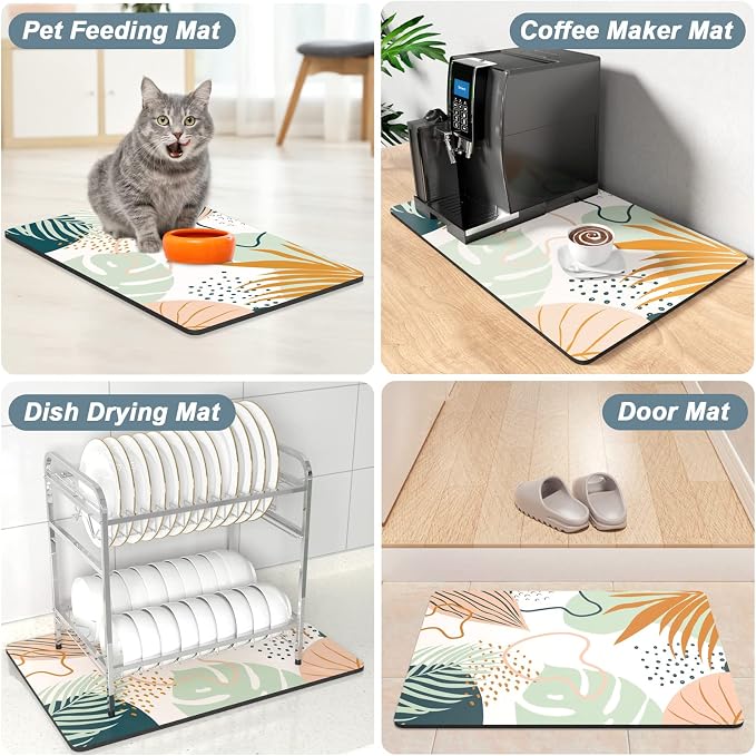 Rnivvi Coffee Mat, 12" x 19" Cute Boho Theme Coffee Bar Mats for Espresso Machine Station Accessories and Organizer, Hide Stain Rubber Backed Absorbent Dish Drying Pad for Kitchen Counter, Tropical