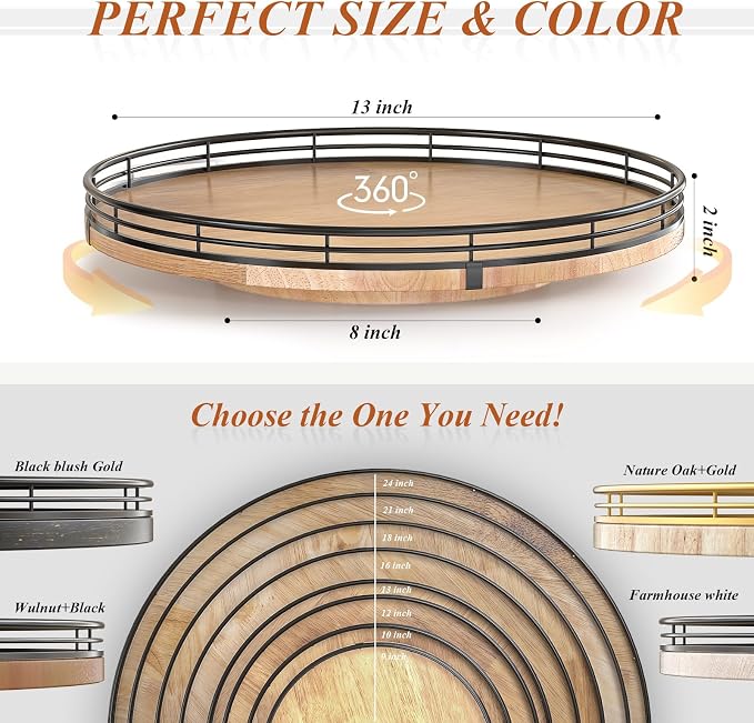 AMH 13-Inch Farmhouse Oak Lazy Susan Organizer for Table and Cabinet | Smooth rotating oak tray with walnut finish for dining tables, kitchen counters, pantries and cabinet storage.