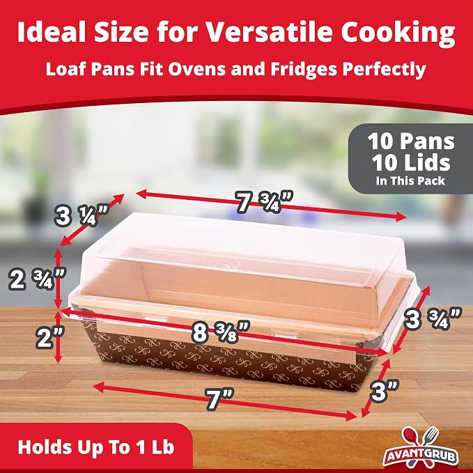 Avant Grub Baking Pan Chef Grade 1Lb Paper Loaf Pans 10 Pk. Elegant Disposable Bakeable Kraft Pan Supplies for Baking Bread, Small Meatloaf, Bundt Cake, Sweets, Kraft Paper - With Lids