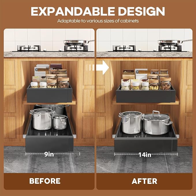 Seinloes 2 Pack Expandable (9"-14") Pull Out Cabinet Organizer 21" Deep With Raising Pad for Framed Cabinets,Upgrade 3 Slide Rails Slide Out Drawers,No Drill Roll Out Shelves Adhesive,Black