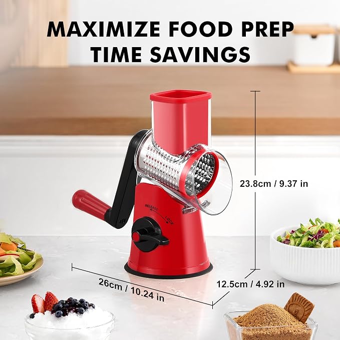 GDL Cheese Grater Hand Crank, Rotary Cheese shredder, Vegetable Slicer | 6 Stainless Steel Blades, 12x Fast Cutting, Non-slip Suction Base, No BPA, Dishwasher Safe, Easy Use for Cheese, Veggies, Nut
