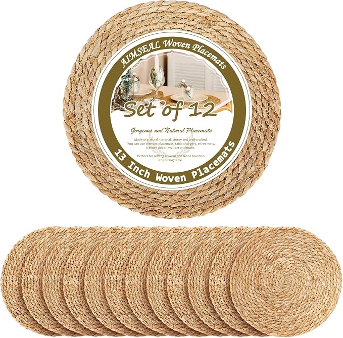 13 Inch Placemats Set of 12, Boho Round Rattan Place Mats for Dining Table Decor, Rustic Woven Chargers for Dinner Plates, Outdoor Patio, Farmhouse Wedding, Water Hyacinth Wicker Braided Placemat