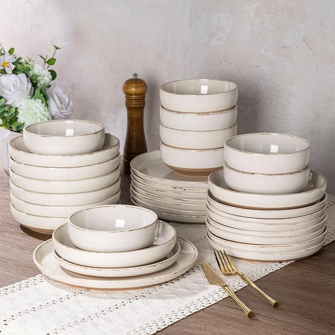 AmorArc Dinnerware Sets for 6, 24 Pieces Ceramic Plates and Bowls Set | Scratch Resistant Stoneware Dishes Set, Dishwasher & Microwave Safe, Light Beige