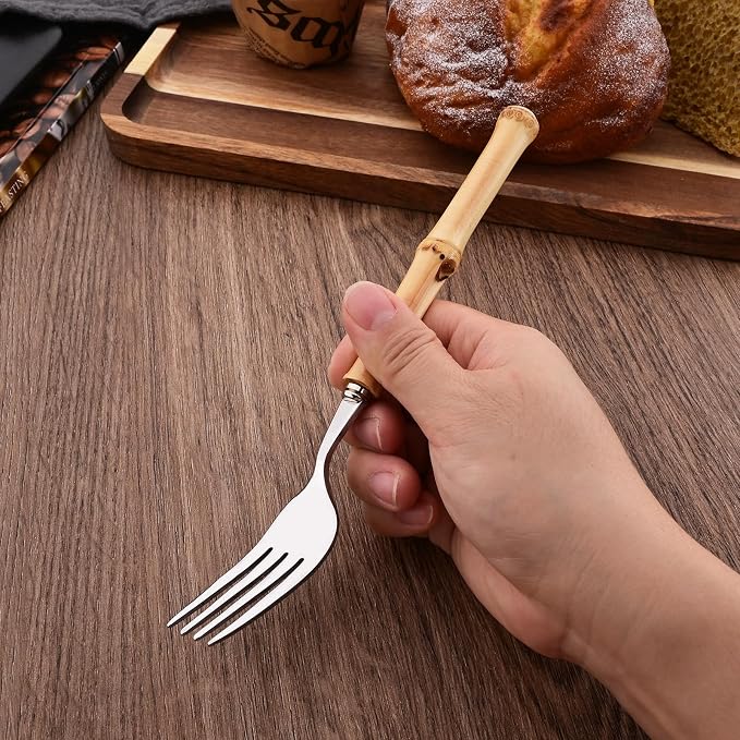 50PCS Silverware Set for 10, Bamboo Handle Flatware Set, Stainless Steel Cutlery Set for Home Restaurant and Party, Bamboo Forks Spoons and Knives Set, Polished Tableware