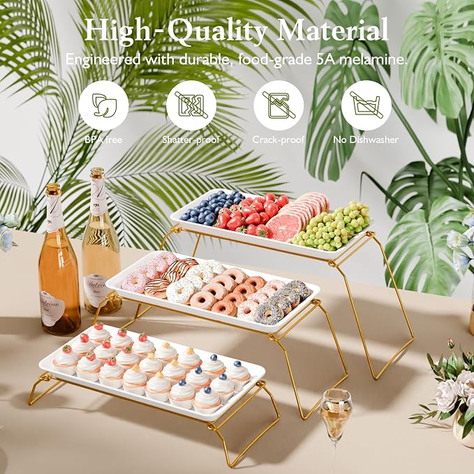Bumusty Large 3-Tier Melamine Serving Tray Set, 17 x 8.7 in, Gold Stand | Melamine Reusable Platters with Metal Display Stand for Cupcakes, Desserts, Fruit, Cookies, Parties, Birthdays and Holidays