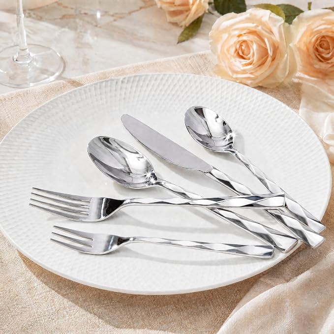 30-Piece Silverware Set for 6, Premium Stainless Steel Flatware Cutlery Set with 3D Diamond Faceted Handles, Mirror Polished & Dishwasher Safe, Modern Kitchen Utensils Set