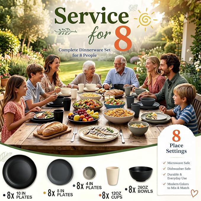 Kitchen Plates and Bowls Sets 40PCS,Wheat Straw Dinnerware Sets for 8 | Unbreakable Plates Bowls and Cups Set, Side Dishes, Microwave & Dishwasher Safe Dishware Sets, RV dishes Set, Black & Gray