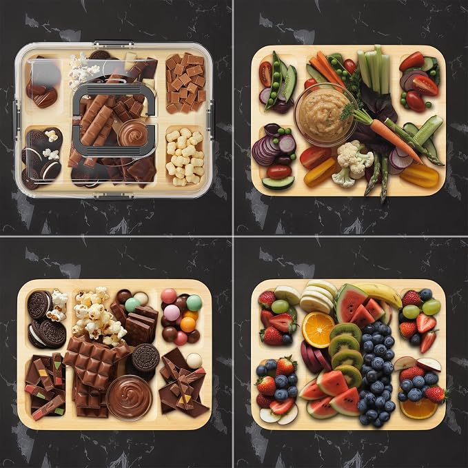 SpaceAid Charcuterie Board with Clear Lid, Portable Travel Cheese Cutting Boards for Picnic Accessories, Bamboo Serving Tray with Lids, House Warming Gifts, Black Handles, 5 Compartments